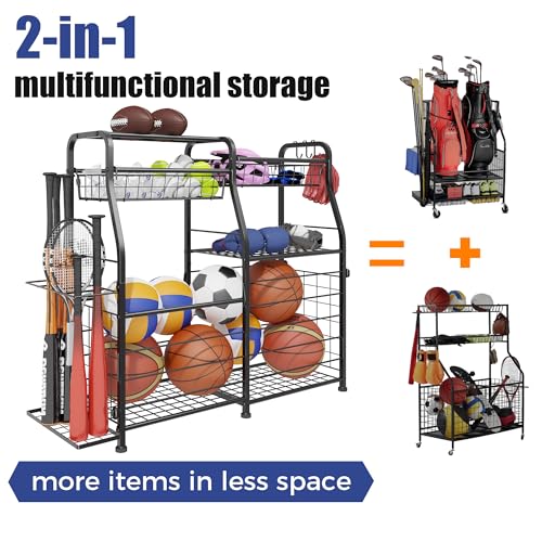 Sports Equipment Organizer with Wheels - Ball Storage Rack