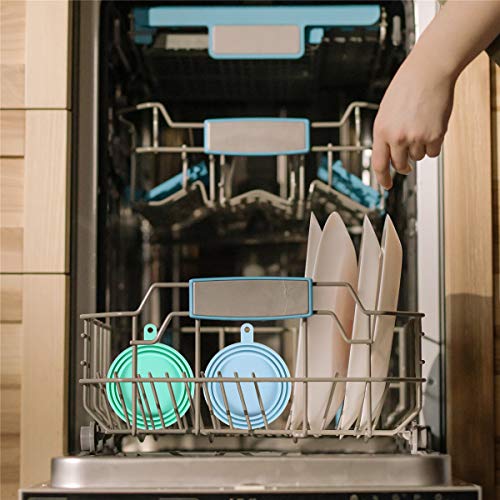 Universal Silicone Pet Food Can Lids with Spoons - 2 Pack, Light Blue & Green