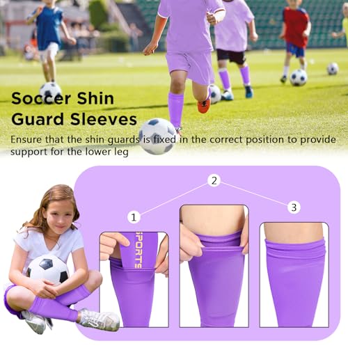 Soccer Shin Guard Sleeves with Pocket - Compression Socks for Kids - Purple, Small