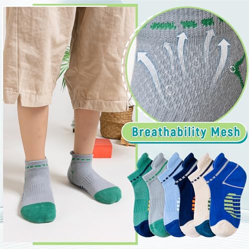 Eyean Boys Athletic Ankle Socks 6 Pairs Kids Cotton Low Cut Sport Socks - Age 9-12, Blue/Grey/Beige