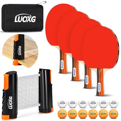 4 Player Ping Pong Paddle Set with Retractable Net & 12 Balls for Indoor Outdoor Play