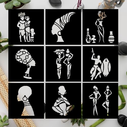 African Tribal Stencils for Painting on Wood, 9 Pieces 6 x 6 inch, Canvas, Paper, Fabric, Walls and Furniture, African Stencil, Home D?cor, Reusable DIY Art and Craft STENCILAIR