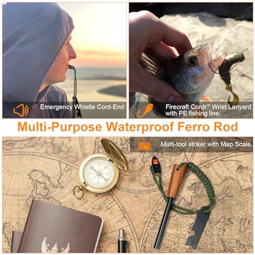Survival Fire Starter Tool - Ferro Rod with Wooden Handle & Striker - Green