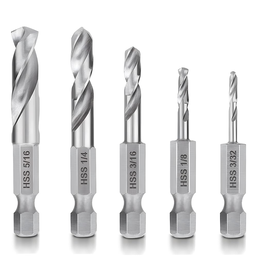 Teocpai 5Pcs 1/4'' Hex Shank Stubby Drill Bit Set for Metal, HSS M2 for Quick Change 3/32, 1/8, 3/16, 1/4, 5/16 Inch