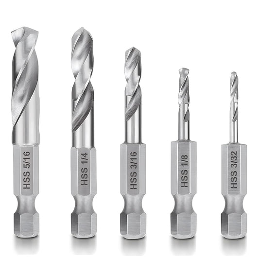 Teocpai 5Pcs 1/4'' Hex Shank Stubby Drill Bit Set for Metal, HSS M2 for Quick Change 3/32, 1/8, 3/16, 1/4, 5/16 Inch