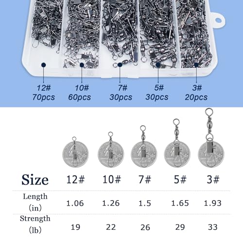 210PCS Fishing Swivels Set - 5 Sizes with Snaps & Storage Case