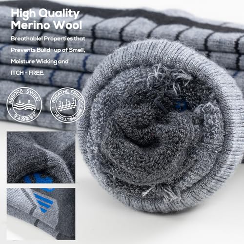 Large Grey Merino Wool Ski Socks for Men Women & Youth - Over-the-Calf Thermal Snowboard Socks