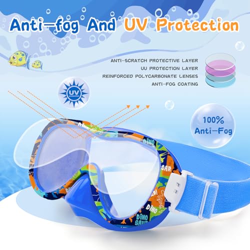 WAVE Kids Dinosaur Blue Swim Goggles with Panoramic Mask, Anti-Fog & UV Protection