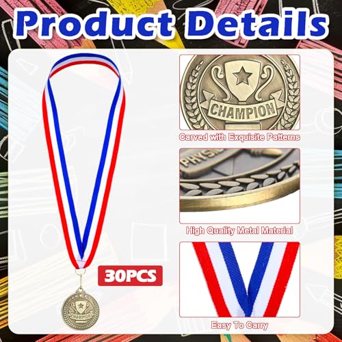 30 Pcs Champion Medals with Neck Ribbons - 2 Inch Awards