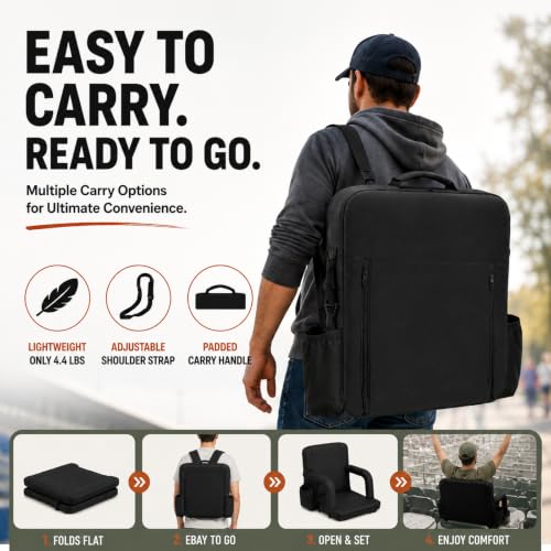 Extra Wide Stadium Seats with Thick Cushion & Back Support - Black 2-Pack
