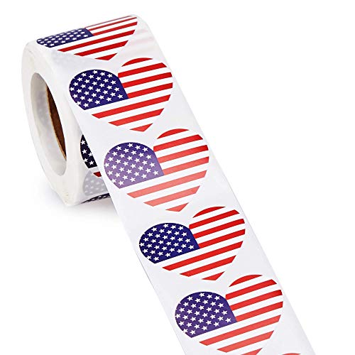 500-Count American Flag Stickers - Heart Shaped, 1.25 x 2.125 Inches