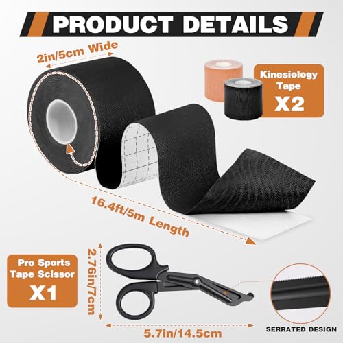 Kinesiology Tape - 2 Rolls (2in x 16.4Ft) - Waterproof, Hypoallergenic Athletic Tape for Muscle Support - Beige & Black