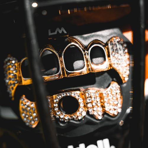 Loud Mouth 3D Chrome Grillz Football Mouth Guard for Youth & Adults, No-Boil, Braces-Friendly, with Strap (Gold & Black)