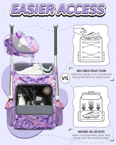 Light Purple Baseball & Softball Gear Bag for Kids Ages 8-12 – Spacious, Durable, Comfortable Carrying