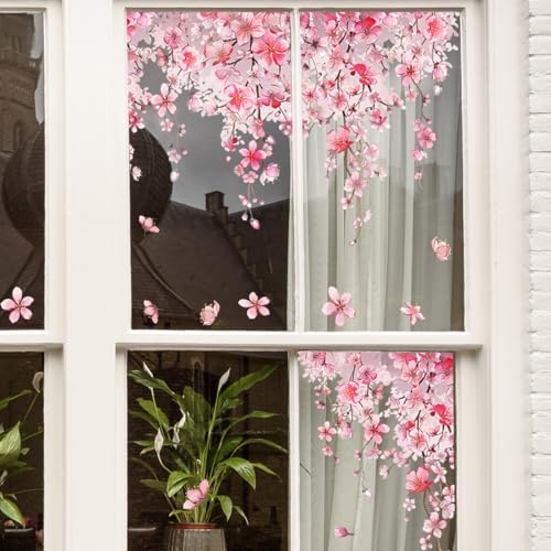 Cherry Blossom Window Clings, Double-Sided Sakura Summer Jungle Window Stickers, Nature-Inspired Glass Decals for Bedroom, Living Room, Kitchen, Office, Home Seasonal Decor