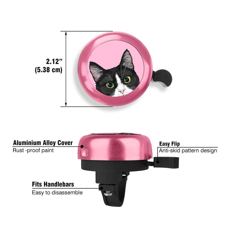WIRESTER Pink Aluminum Round Bike Bell, Classic Ring Bicycle Bell, Bike Accessories Bell Ring for Adults Kids Girls Boys - Black White Tuxedo Cat