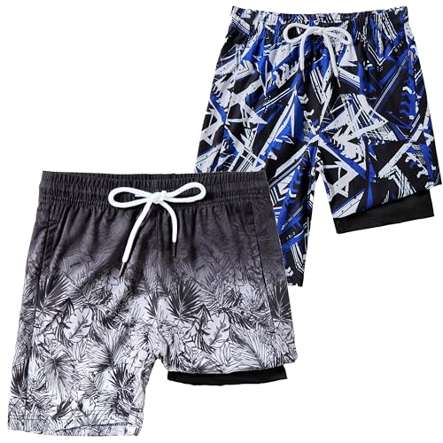 Boys 2 in 1 Swim Trunks with Compression Liner - Leaf, 2 Pack
