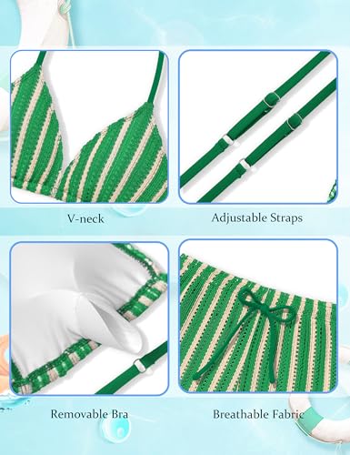 Girls V-Neck Halter Backless 3-Piece Bikini Set with Cover-Up - Green, 11-12 Years