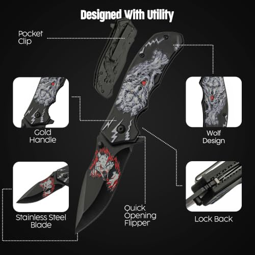 White/Black Wolf Decal Folding Knife - 8-Inch Liner Lock Pocket Knife for EDC, Gift