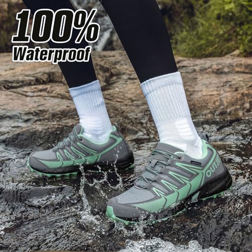 OUTJET Women's Waterproof Hiking Shoes - Lightweight Green (8)