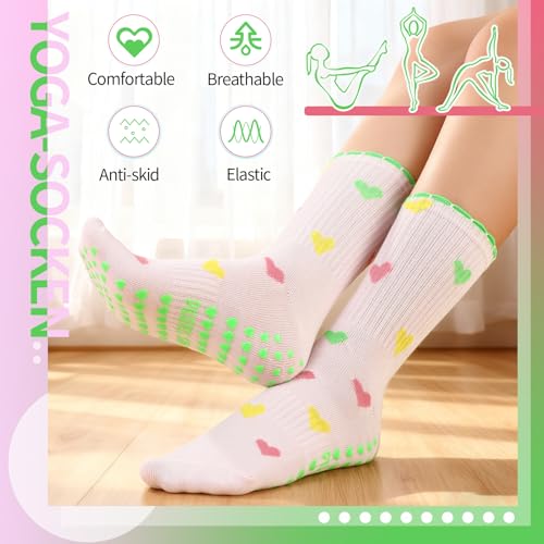 Pilates Socks for Women - Cute Ruffle & Embroidery Grips - Medium Yellow/Pink - 5 Pairs