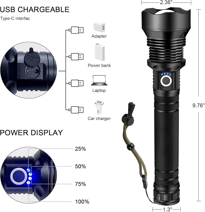 Rechargeable 990,000 Lumen LED Flashlight with 3 Modes, Waterproof, USB-C Rechargeable