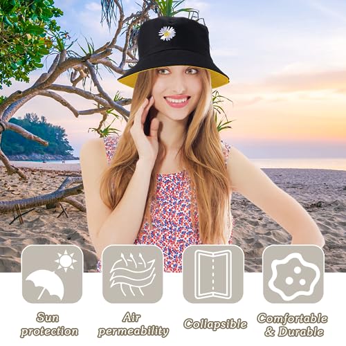 Zkptops Sun Hat for Women - Cotton Bucket Hat, Reversible Black Yellow, Beach Travel