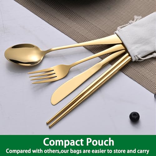 Gold Travel Utensils Set - 5-Piece Camping Cutlery with Pouch