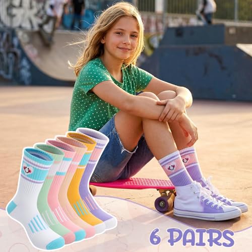 Girls Athletic Crew Socks - 6-Pack Cotton Sports Socks - Heart Stripe