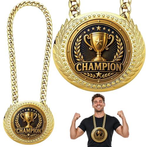Oversized Champion Medal Necklace - 6" Gold-Tone Sports Award - Champion