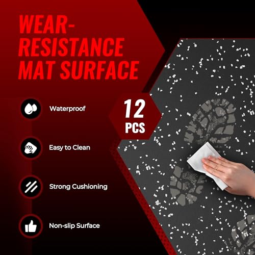 Extra-Thick Interlocking Exercise Mats - 12 Tiles (48 Sq Ft) - Black/Grey