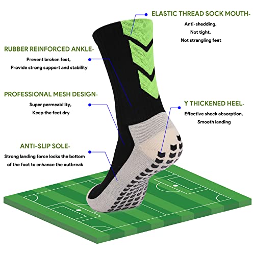Anti-Slip Athletic Soccer Socks - Youth & Mens - 3 Pairs - Black/White/Green