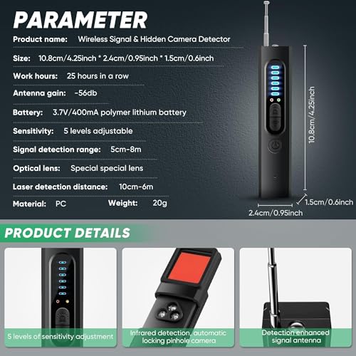 Hidden Camera Detectors and Bug Detectors, 2025 Anti-Spy Cameras Finder Detector, GPS Hidden Camera Detector, Tracking Device Detectors, Cameras Detector for Hotels, Home, Office (Black)