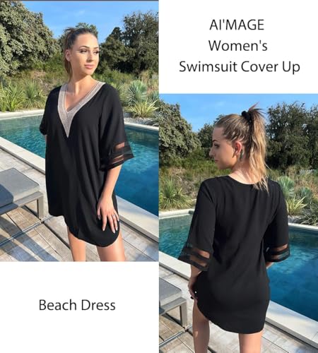 Women's Beach Cover Up - 3/4 Bell Sleeve Deep V-Neck - Black, X-Large