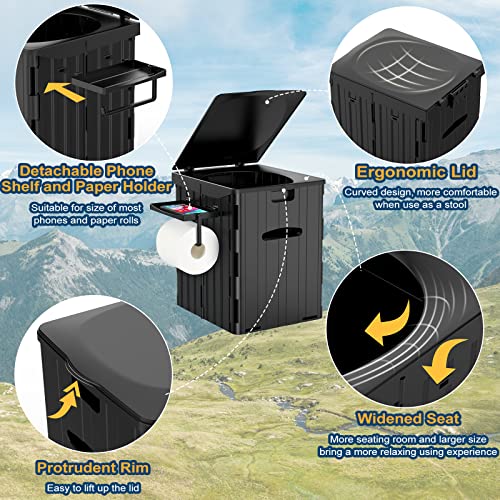 PAHTTO Black XL Portable Camping Toilet Foldable with Phone Shelf & Paper Holder
