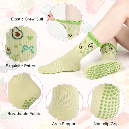 6 Pairs Cute Non-Slip Pilates Socks for Women - Pink, Green, White