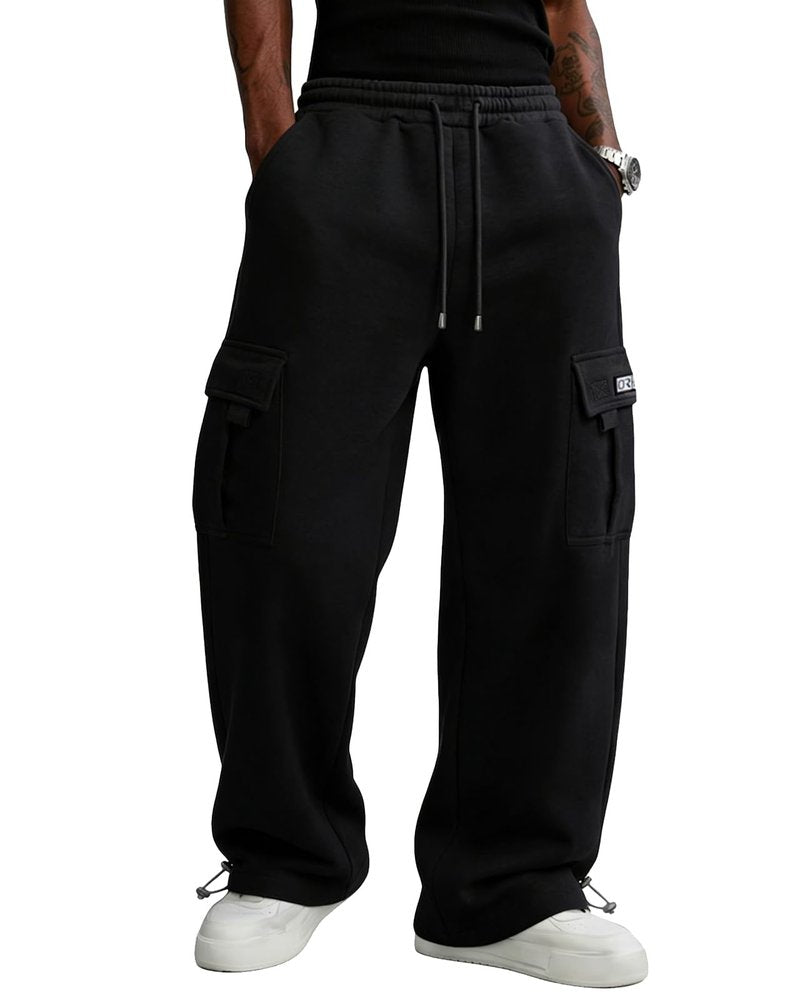 PIDO YOGA Men's Cargo Sweatpants Cotton Fleece Loose Fit Casual Jogging Hiking Pants Open Bottom Sweatpants for Men Athletic Workout with Pockets,Black