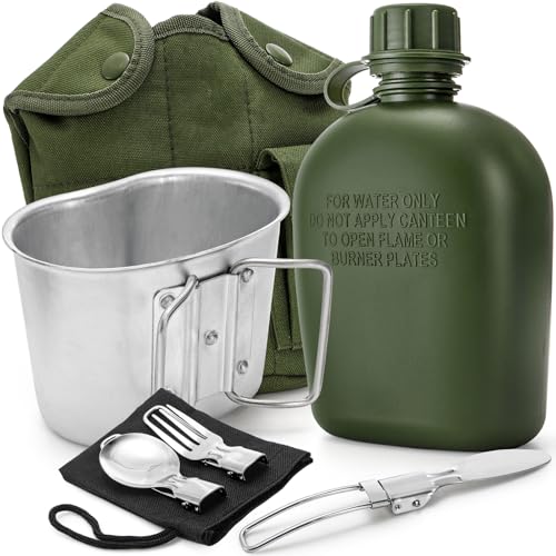 Military Canteen with Aluminum Cup & Utensils - 1 Quart Portable Water Bottle for Camping & Hiking