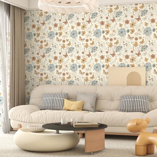 Beige Floral Wallpaper Peel and Stick Wallpaper Boho 17.3"¡¿78.8" Colourful Flower Butterfly Removable Self Adhesive Wall Paper for Bedroom Floral Contact Paper for Cabinets Mural Decor