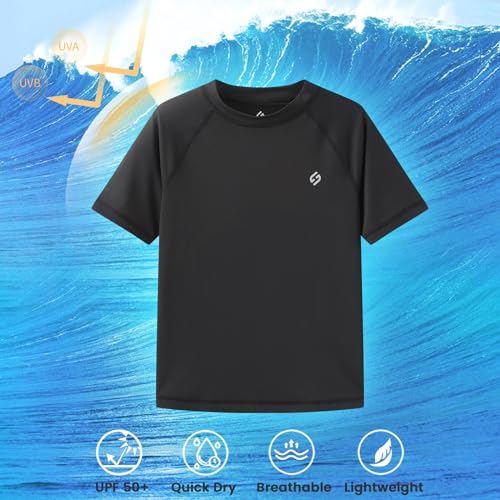 HODOSPORTS Boys UPF 50+ Short & Long Sleeve Rash Guard Swim Shirt - Black, Age 14-16
