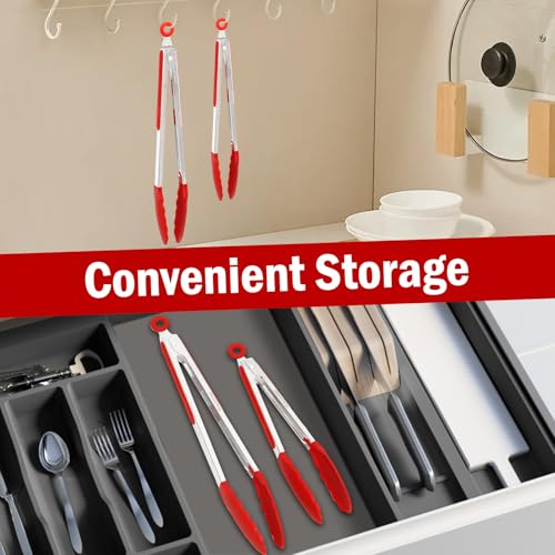 Heat-Resistant Silicone Kitchen Tongs - 9 & 12 Inch Red Set