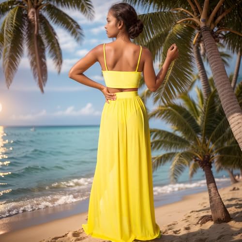 Women Yellow Medium 2-Piece Chiffon Dress & Skirt Set - Deep V Crop Top & High Split Maxi
