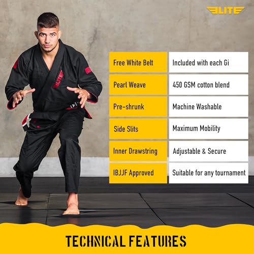 BJJ GI for Men - IBJJF Kimono with Preshrunk Fabric & Belt - Premium Black