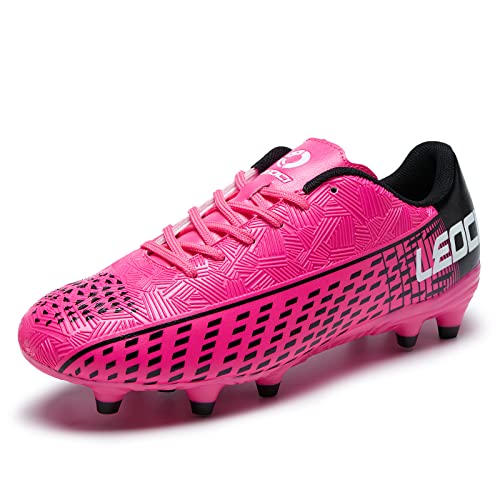 LEOCI Men’s & Women’s Soccer Cleats for Firm Ground Rose Red/Black – 6 Women / 4.5 Men