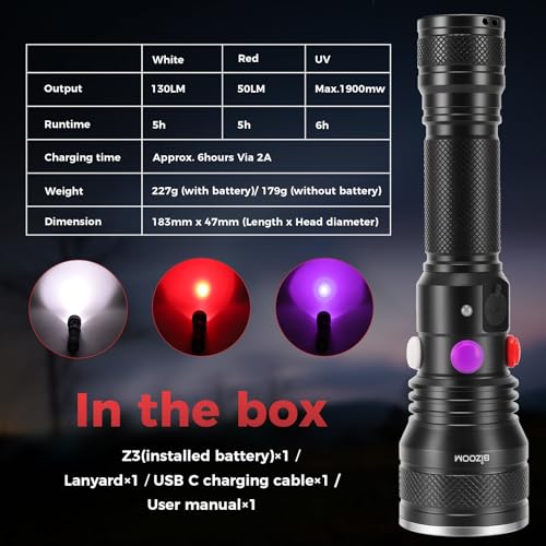 Z3 3-in-1 USB Rechargeable Flashlight, White/Red/UV LED Flash Light with Magnetic Base, 385nm Black Light for Resin Curing, Pet Urine Detection, Rockhounding, Camping, Hiking