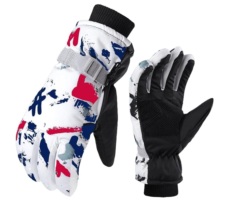 Kids Cold Weather Ski Gloves - Warm, Water-Repellent, Fit 4T-8T - White/Pink/Blue Print