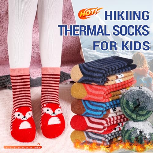 Kids Wool Socks for Boys Girls 4-7 Years Stripe Animal Warm Winter Thermal 6 Pairs
