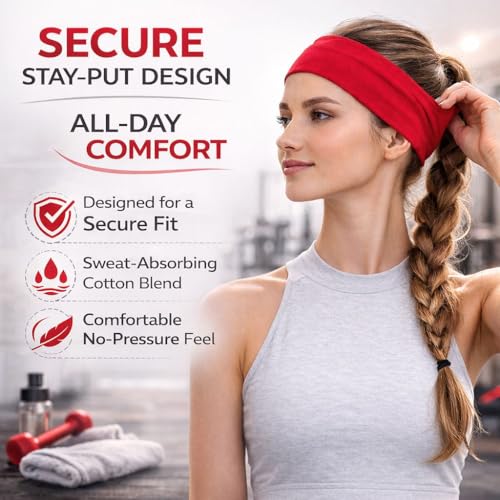 Soft Cotton Stretchy Headband - Non-Slip Sweat Band - Red