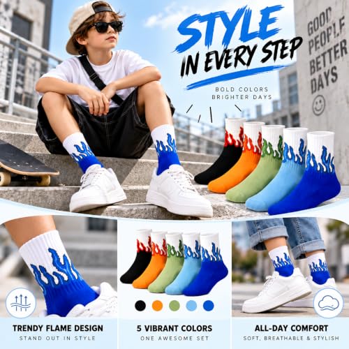 Kids Flame Socks 5 Pairs - Colorful Fire Pattern Crew Socks, 4-5 Years, Lirpazelyx