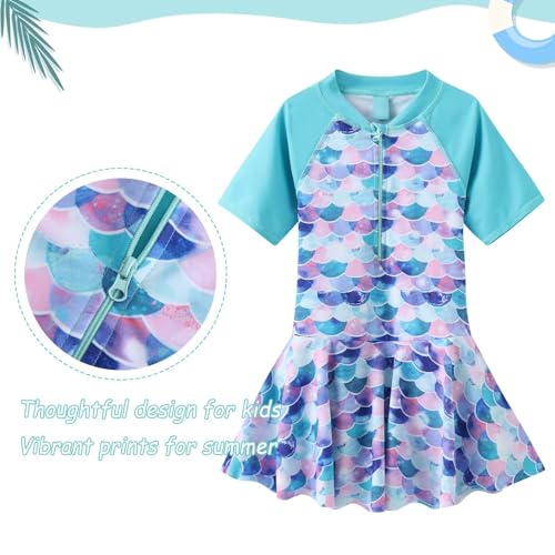 Qterdiz Girls 7-8 Cyan Mermaid Short Sleeve Swim Dress One-Piece Bathing Suit 3-16 Years